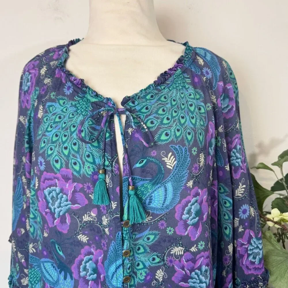 Spell & The Gypsy Boheme Ruffle Blouse | Peacock Floral Print | Large - Picture 5 of 13